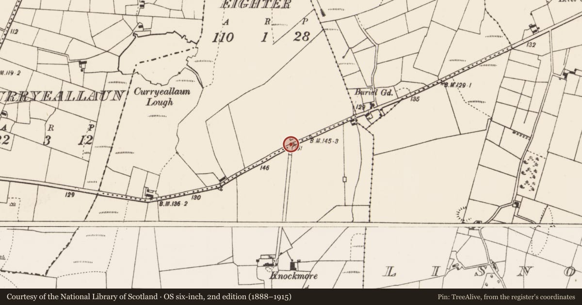 Ordnance Survey six-inch map, 2nd edition (1888–1915) covering the location of Church, Knockmore Eighter, County Mayo, with a pin at the register's coordinates