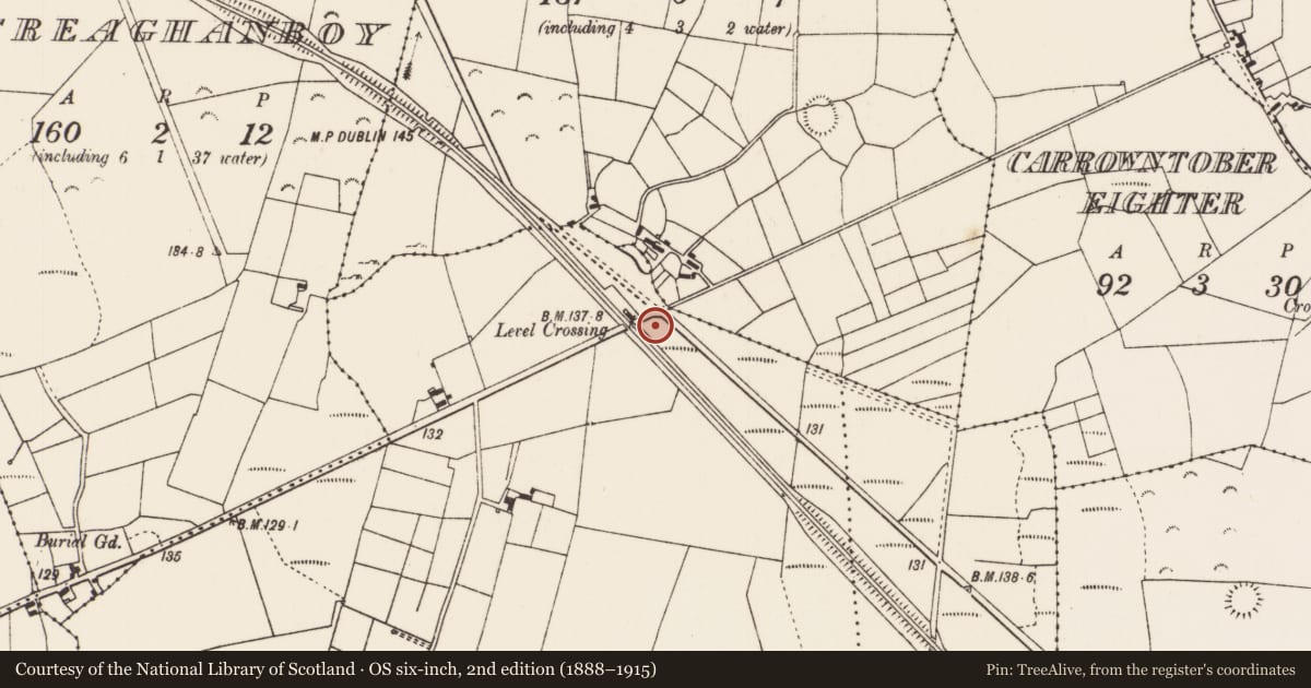 Ordnance Survey six-inch map, 2nd edition (1888–1915) covering the location of Fulacht fia, Lisnolan, County Mayo, with a pin at the register's coordinates
