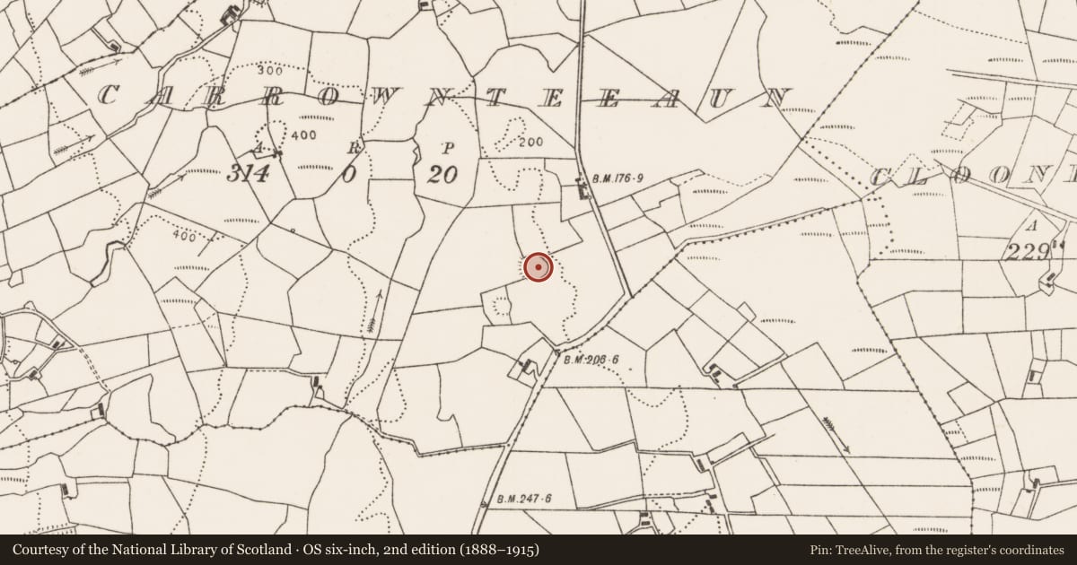 Ordnance Survey six-inch map, 2nd edition (1888–1915) covering the location of Enclosure, Carrownteeaun, County Mayo, with a pin at the register's coordinates
