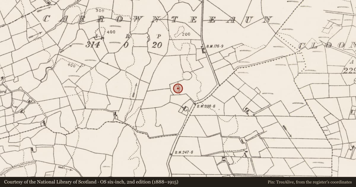 Ordnance Survey six-inch map, 2nd edition (1888–1915) covering the location of Enclosure, Carrownteeaun, County Mayo, with a pin at the register's coordinates