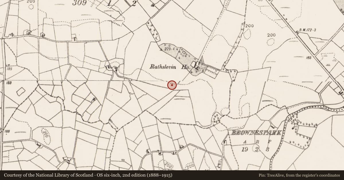 Ordnance Survey six-inch map, 2nd edition (1888–1915) covering the location of Enclosure, Rathslevin, County Mayo, with a pin at the register's coordinates