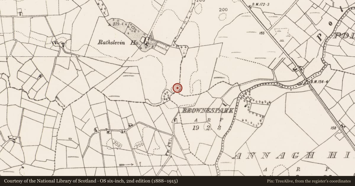 Ordnance Survey six-inch map, 2nd edition (1888–1915) covering the location of Enclosure, Rathslevin, County Mayo, with a pin at the register's coordinates