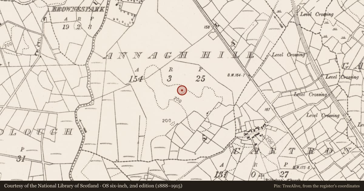 Ordnance Survey six-inch map, 2nd edition (1888–1915) covering the location of Ringfort - rath, Annagh Hill, County Mayo, with a pin at the register's coordinates
