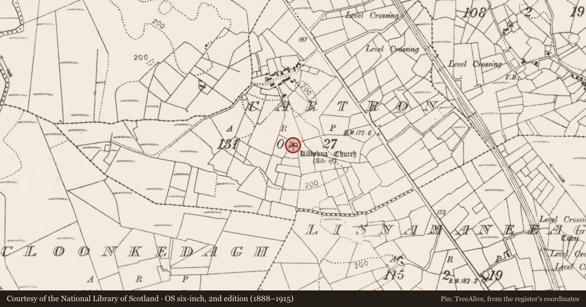 Ordnance Survey six-inch map, 2nd edition (1888–1915) covering the location of Church, Cartron (Gallen By., Killeden Par.), County Mayo, with a pin at the register's coordinates