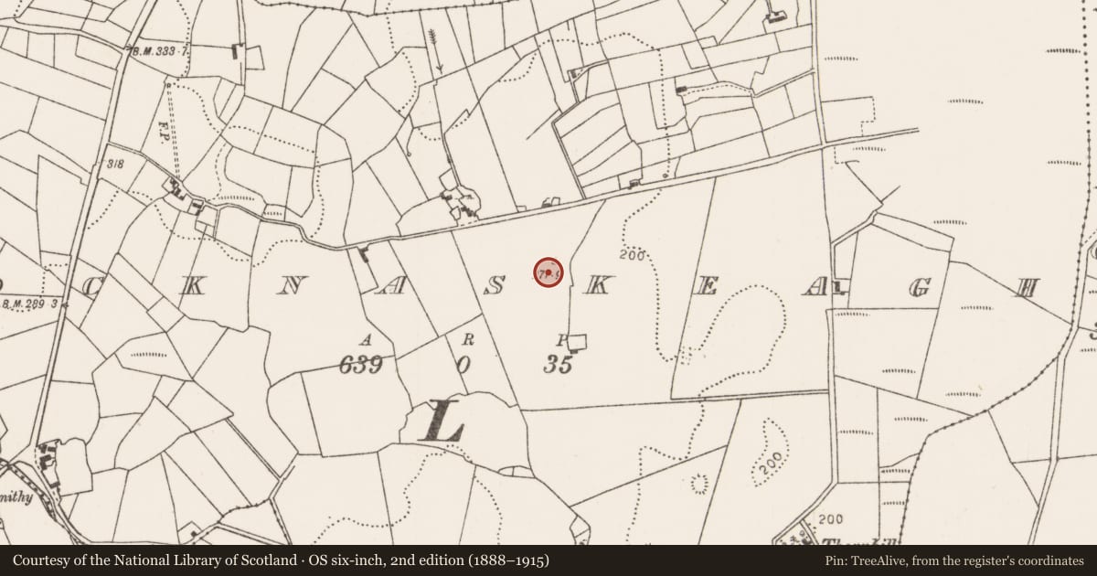 Ordnance Survey six-inch map, 2nd edition (1888–1915) covering the location of Enclosure, Knocknaskeagh (Gallen By., Killeden Par.), County Mayo, with a pin at the register's coordinates