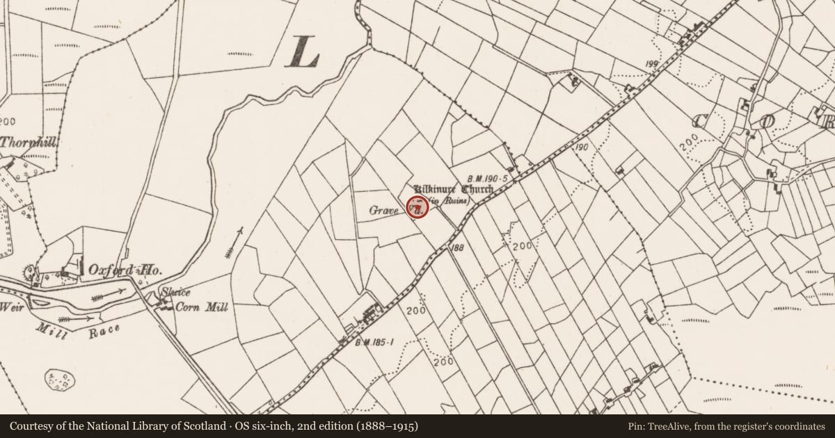Ordnance Survey six-inch map, 2nd edition (1888–1915) covering the location of Graveyard, Oxford, County Mayo, with a pin at the register's coordinates
