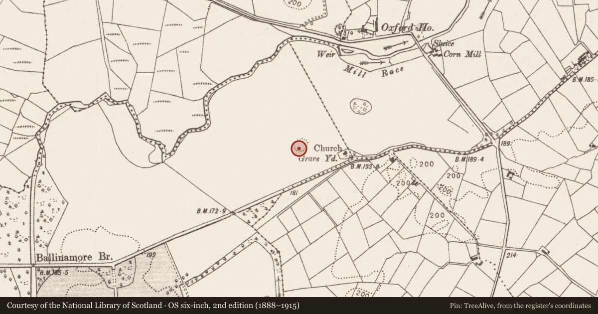 Ordnance Survey six-inch map, 2nd edition (1888–1915) covering the location of Ringfort - rath, Ballinamore, County Mayo, with a pin at the register's coordinates