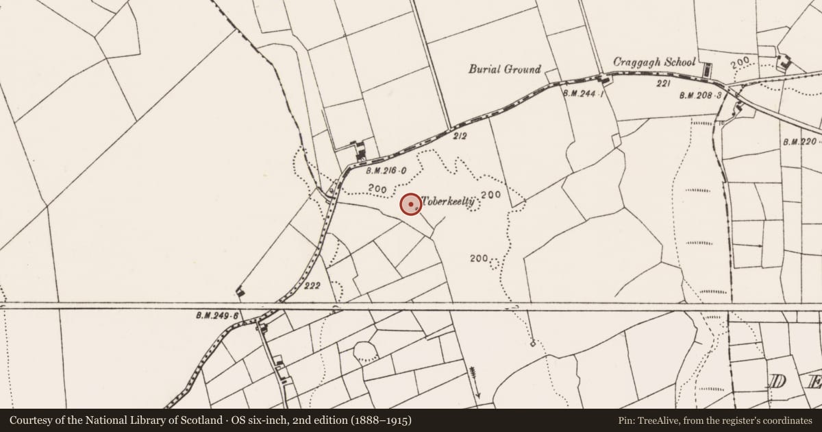 Ordnance Survey six-inch map, 2nd edition (1888–1915) covering the location of Well, Carrownahaun, County Mayo, with a pin at the register's coordinates