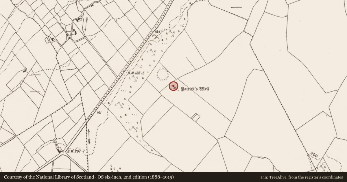 Ordnance Survey six-inch map, 2nd edition (1888–1915) covering the location of Ritual site - holy well, Carrowndangan, County Mayo, with a pin at the register's coordinates