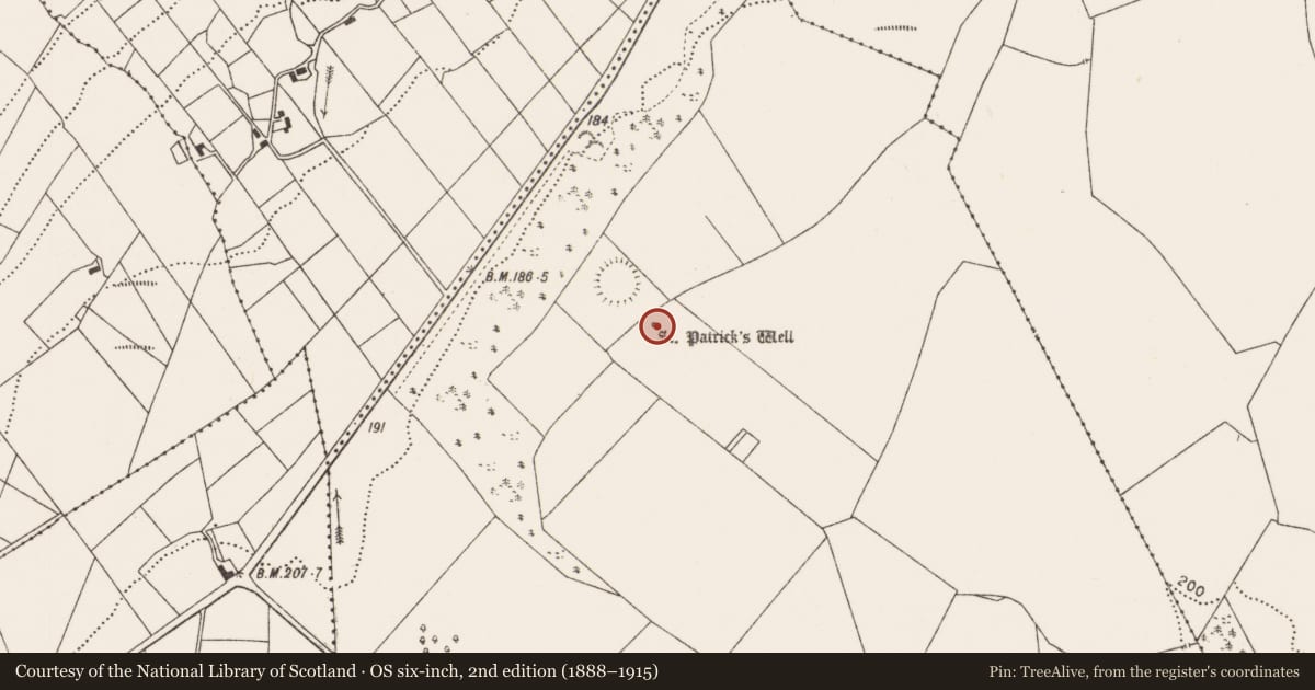 Ordnance Survey six-inch map, 2nd edition (1888–1915) covering the location of Bullaun stone, Carrowndangan, County Mayo, with a pin at the register's coordinates