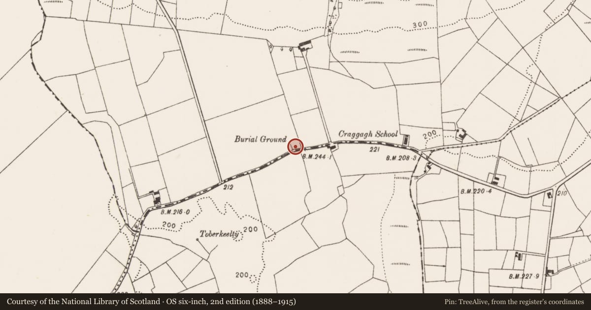 Ordnance Survey six-inch map, 2nd edition (1888–1915) covering the location of Burial ground, Craggagh, County Mayo, with a pin at the register's coordinates