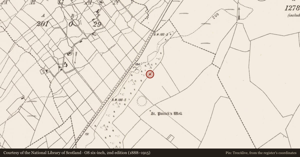 Ordnance Survey six-inch map, 2nd edition (1888–1915) covering the location of Burnt mound, Carrowndangan, County Mayo, with a pin at the register's coordinates