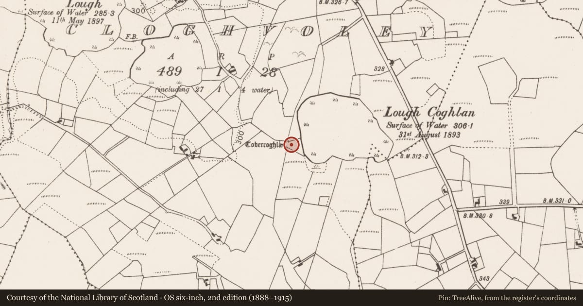 Ordnance Survey six-inch map, 2nd edition (1888–1915) covering the location of Ritual site - holy well, Cloghvoley, County Mayo, with a pin at the register's coordinates