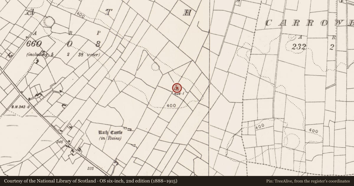 Ordnance Survey six-inch map, 2nd edition (1888–1915) covering the location of Barrow - ring-barrow, Rath, County Mayo, with a pin at the register's coordinates