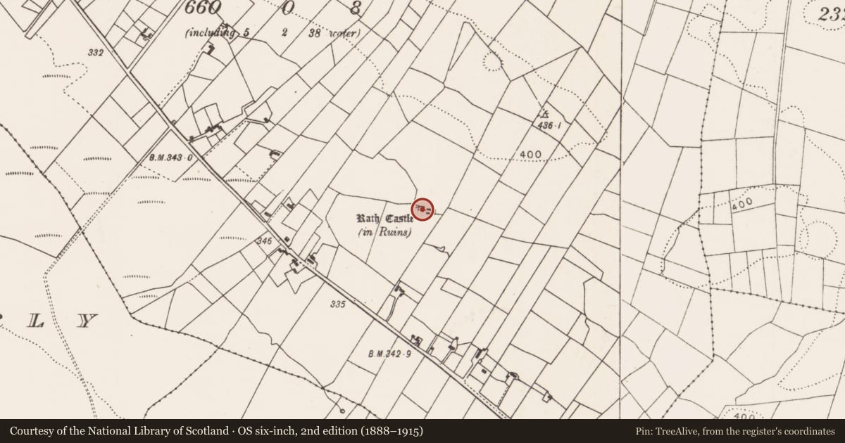 Ordnance Survey six-inch map, 2nd edition (1888–1915) covering the location of Castle - tower house, Rath, County Mayo, with a pin at the register's coordinates