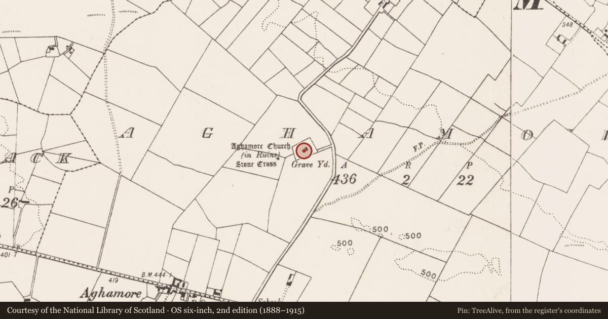Ordnance Survey six-inch map, 2nd edition (1888–1915) covering the location of Church, Aghamore, County Mayo, with a pin at the register's coordinates