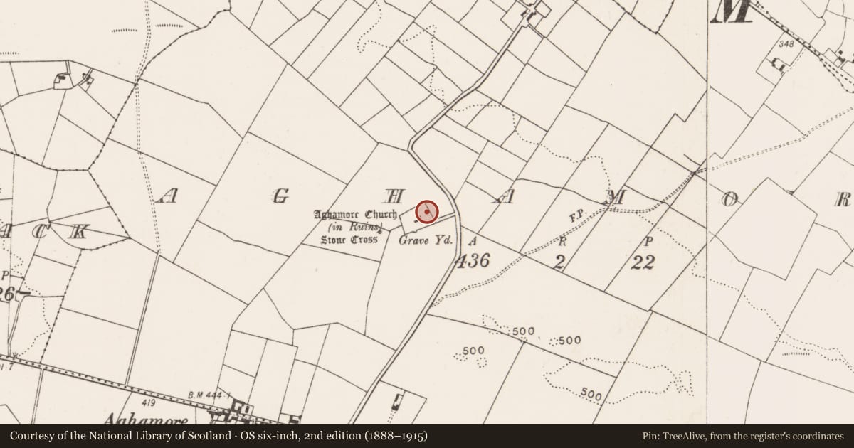 Ordnance Survey six-inch map, 2nd edition (1888–1915) covering the location of Graveyard, Aghamore, County Mayo, with a pin at the register's coordinates