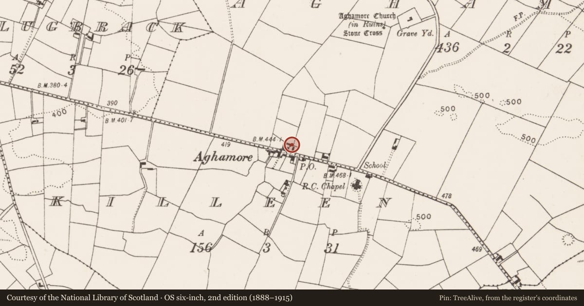 Ordnance Survey six-inch map, 2nd edition (1888–1915) covering the location of Chapel, Aghamore, County Mayo, with a pin at the register's coordinates
