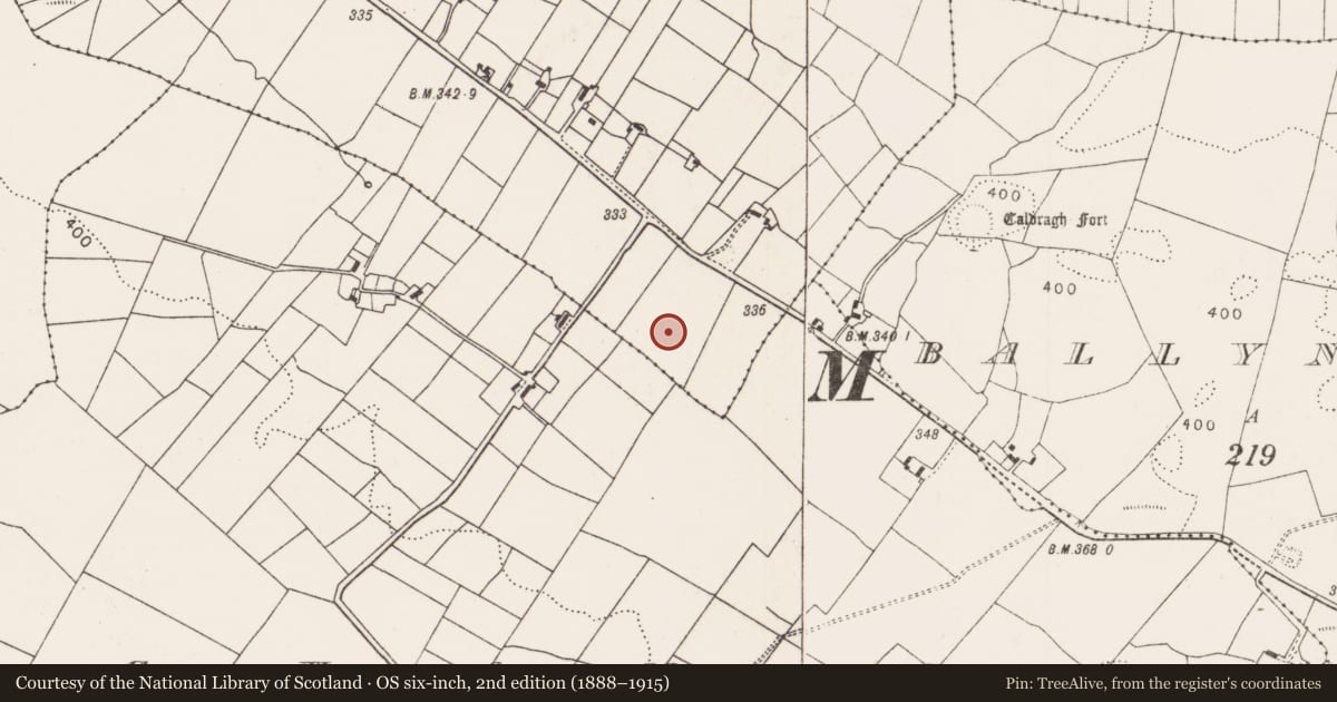 Ordnance Survey six-inch map, 2nd edition (1888–1915) covering the location of Cairn - unclassified, Rath, County Mayo, with a pin at the register's coordinates