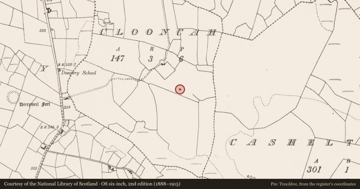 Ordnance Survey six-inch map, 2nd edition (1888–1915) covering the location of Ringfort - rath, Clooncah, County Mayo, with a pin at the register's coordinates
