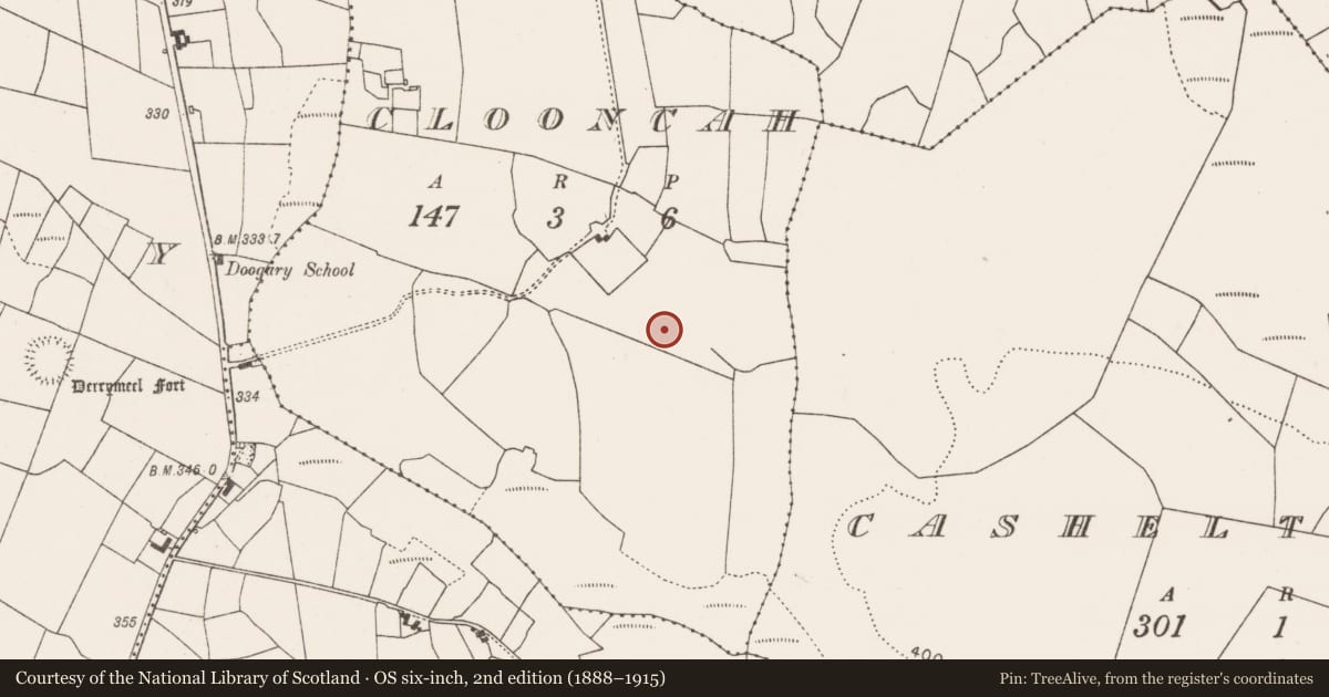 Ordnance Survey six-inch map, 2nd edition (1888–1915) covering the location of Children's burial ground, Clooncah, County Mayo, with a pin at the register's coordinates