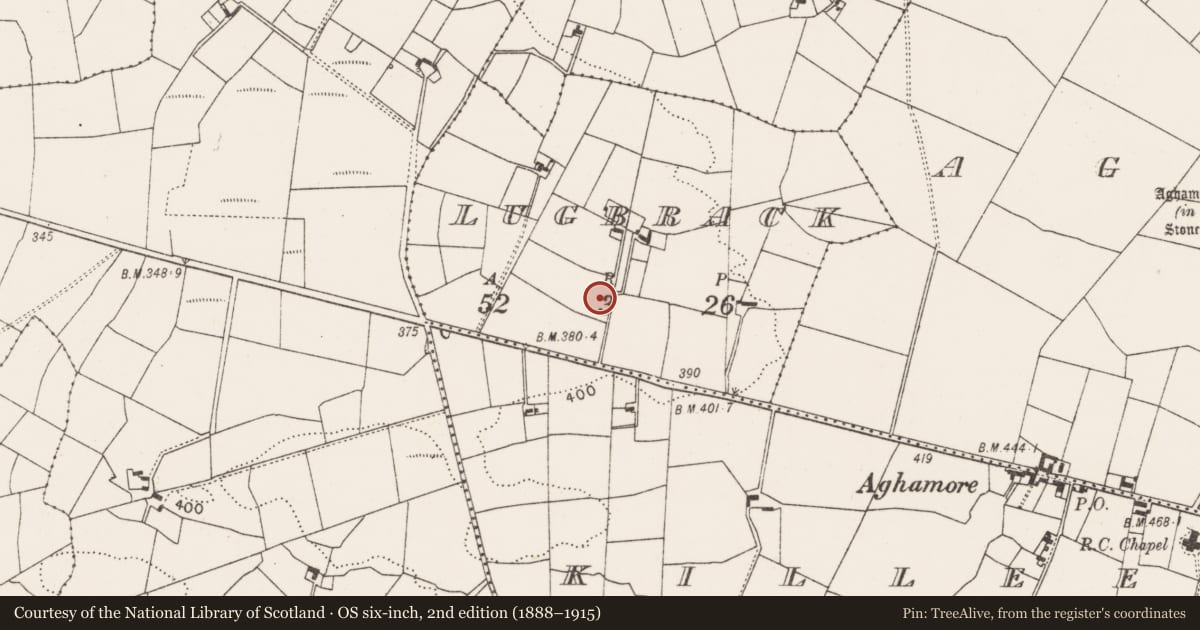 Ordnance Survey six-inch map, 2nd edition (1888–1915) covering the location of Barrow - ring-barrow, Lugbrack, County Mayo, with a pin at the register's coordinates
