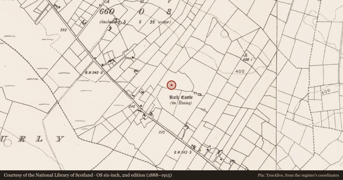 Ordnance Survey six-inch map, 2nd edition (1888–1915) covering the location of Fulacht fia, Rath, County Mayo, with a pin at the register's coordinates