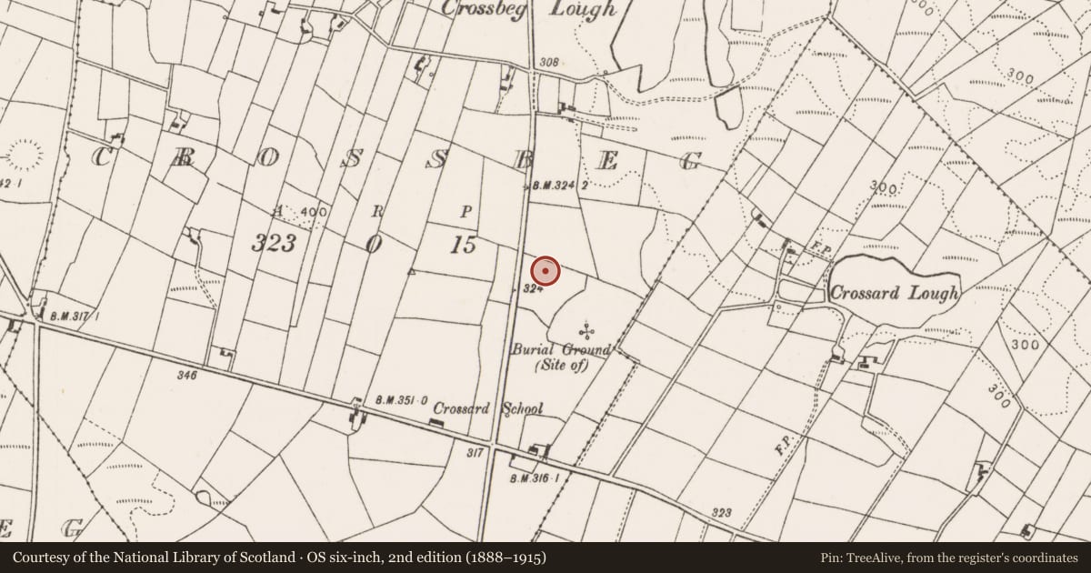 Ordnance Survey six-inch map, 2nd edition (1888–1915) covering the location of Mound, Crossbeg, County Mayo, with a pin at the register's coordinates