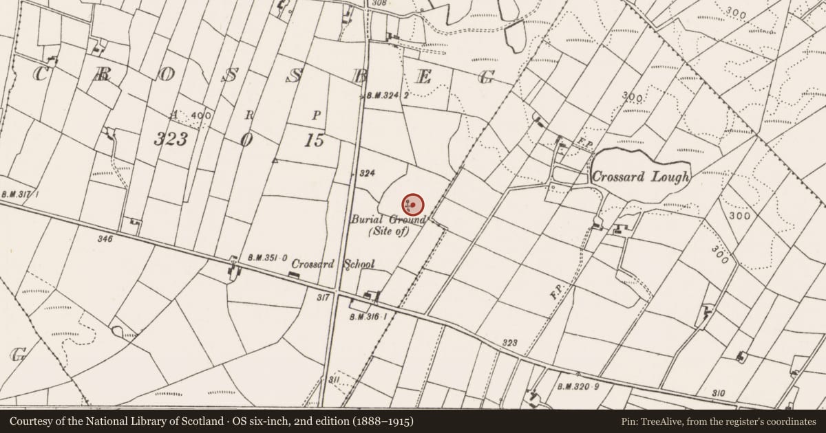 Ordnance Survey six-inch map, 2nd edition (1888–1915) covering the location of Church, Crossbeg, County Mayo, with a pin at the register's coordinates