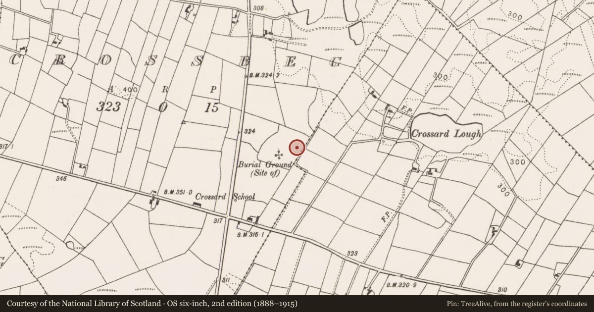Ordnance Survey six-inch map, 2nd edition (1888–1915) covering the location of Church, Crossbeg, County Mayo, with a pin at the register's coordinates