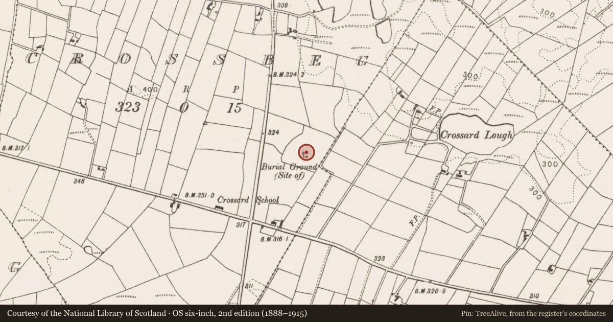 Ordnance Survey six-inch map, 2nd edition (1888–1915) covering the location of Graveyard, Crossbeg, County Mayo, with a pin at the register's coordinates