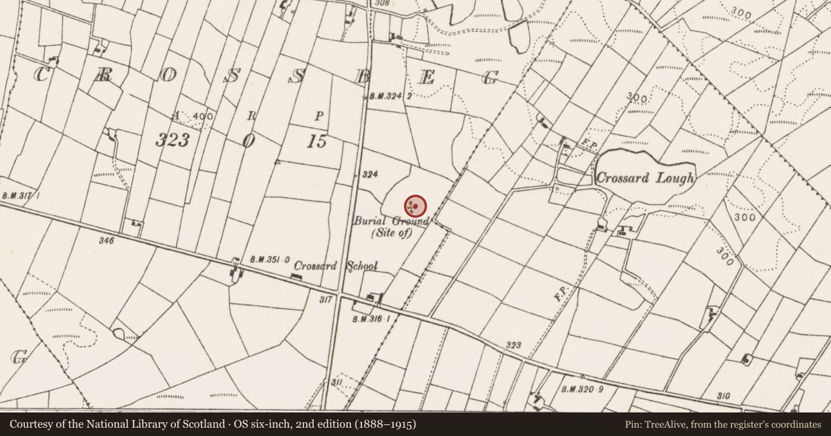 Ordnance Survey six-inch map, 2nd edition (1888–1915) covering the location of Bullaun stone, Crossbeg, County Mayo, with a pin at the register's coordinates