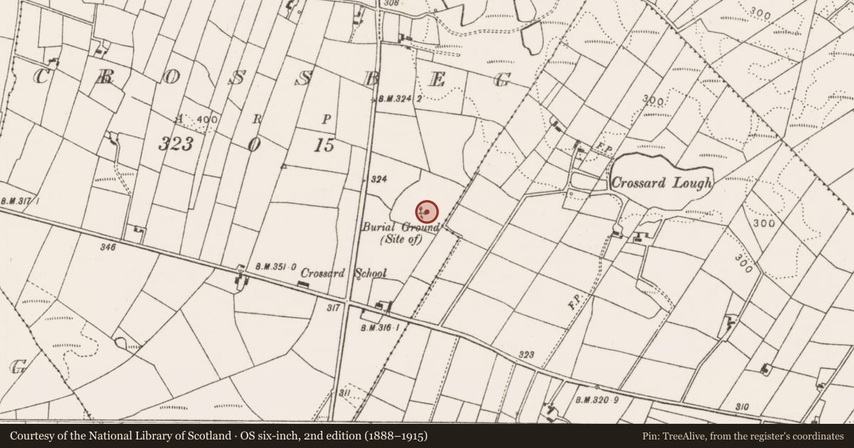 Ordnance Survey six-inch map, 2nd edition (1888–1915) covering the location of Standing stone, Crossbeg, County Mayo, with a pin at the register's coordinates