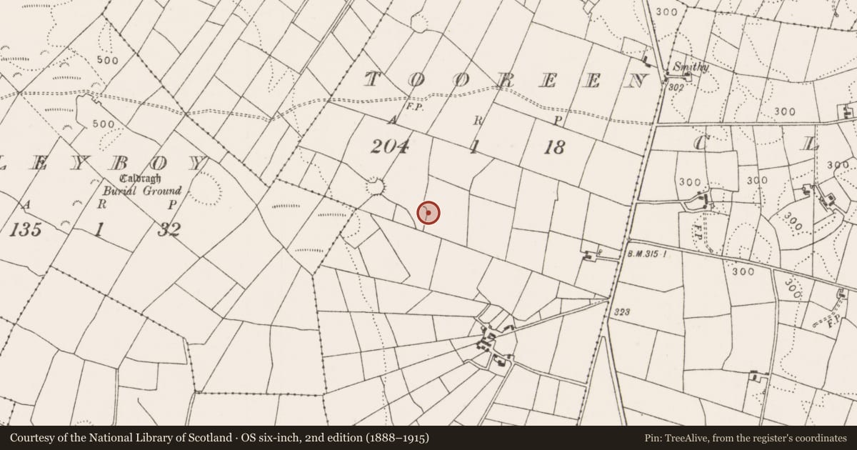 Ordnance Survey six-inch map, 2nd edition (1888–1915) covering the location of Ringfort - cashel, Tooreen, County Mayo, with a pin at the register's coordinates