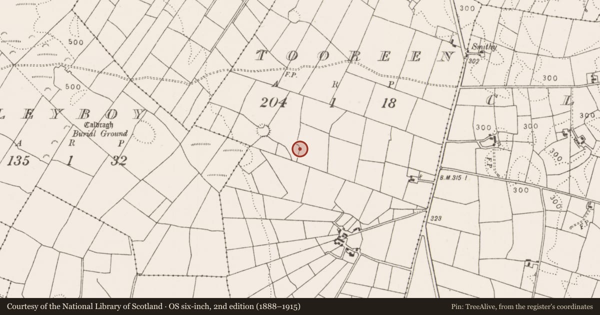 Ordnance Survey six-inch map, 2nd edition (1888–1915) covering the location of Souterrain, Tooreen, County Mayo, with a pin at the register's coordinates