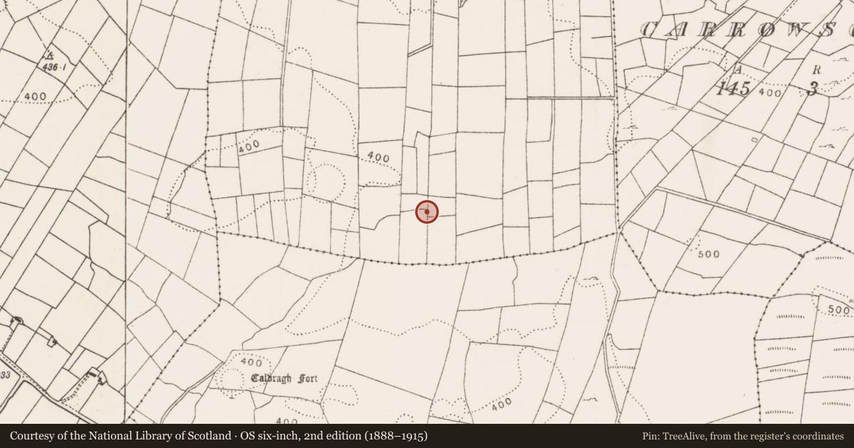 Ordnance Survey six-inch map, 2nd edition (1888–1915) covering the location of Enclosure, Carrowbaun, County Mayo, with a pin at the register's coordinates