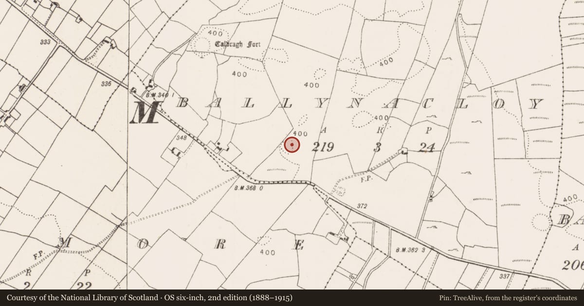 Ordnance Survey six-inch map, 2nd edition (1888–1915) covering the location of House - indeterminate date, Ballynacloy, County Mayo, with a pin at the register's coordinates