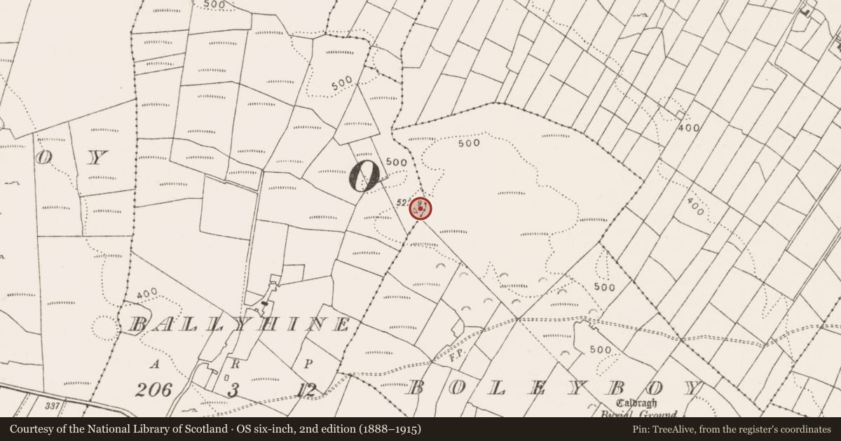 Ordnance Survey six-inch map, 2nd edition (1888–1915) covering the location of Barrow - ring-barrow, Ballyhine, County Mayo, with a pin at the register's coordinates