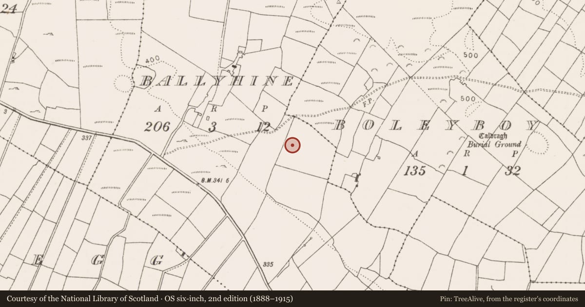 Ordnance Survey six-inch map, 2nd edition (1888–1915) covering the location of Burial, Ballyhine, County Mayo, with a pin at the register's coordinates