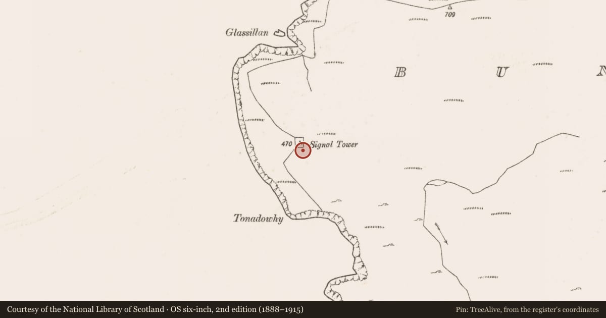 Ordnance Survey six-inch map, 2nd edition (1888–1915) covering the location of Signal tower, Bunnamohaun, County Mayo, with a pin at the register's coordinates