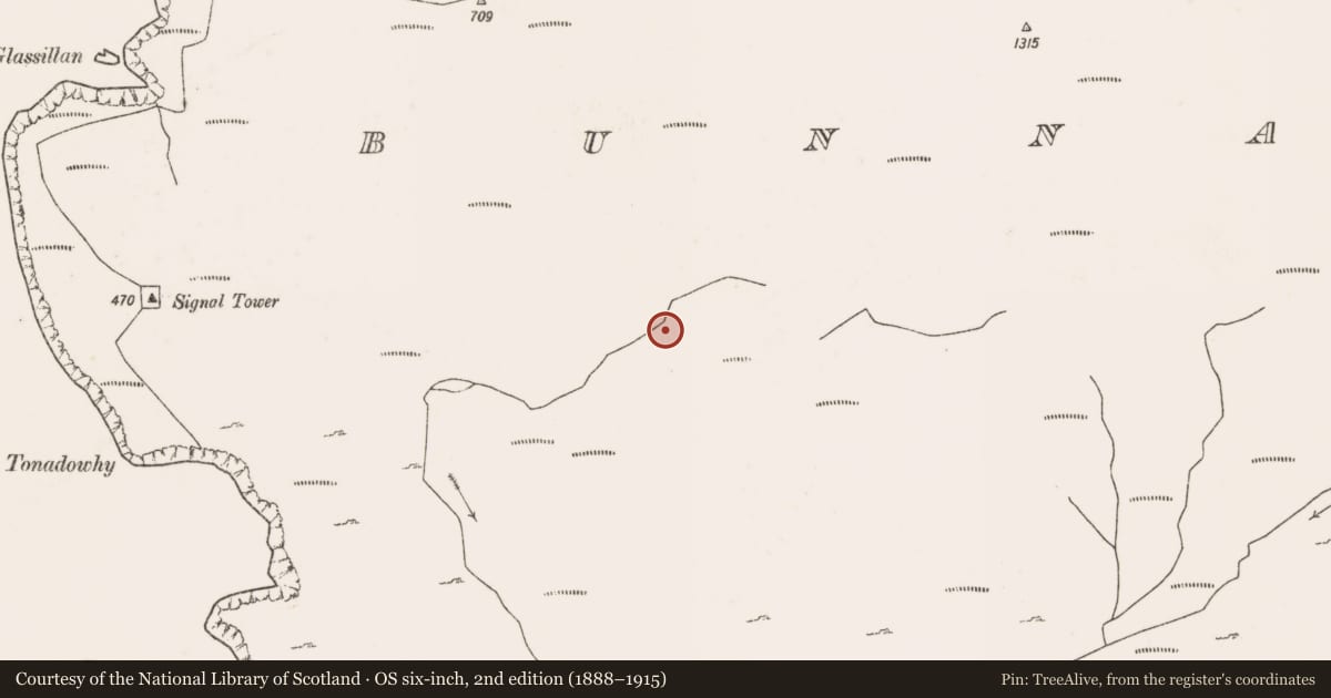Ordnance Survey six-inch map, 2nd edition (1888–1915) covering the location of Hut site, Bunnamohaun, County Mayo, with a pin at the register's coordinates