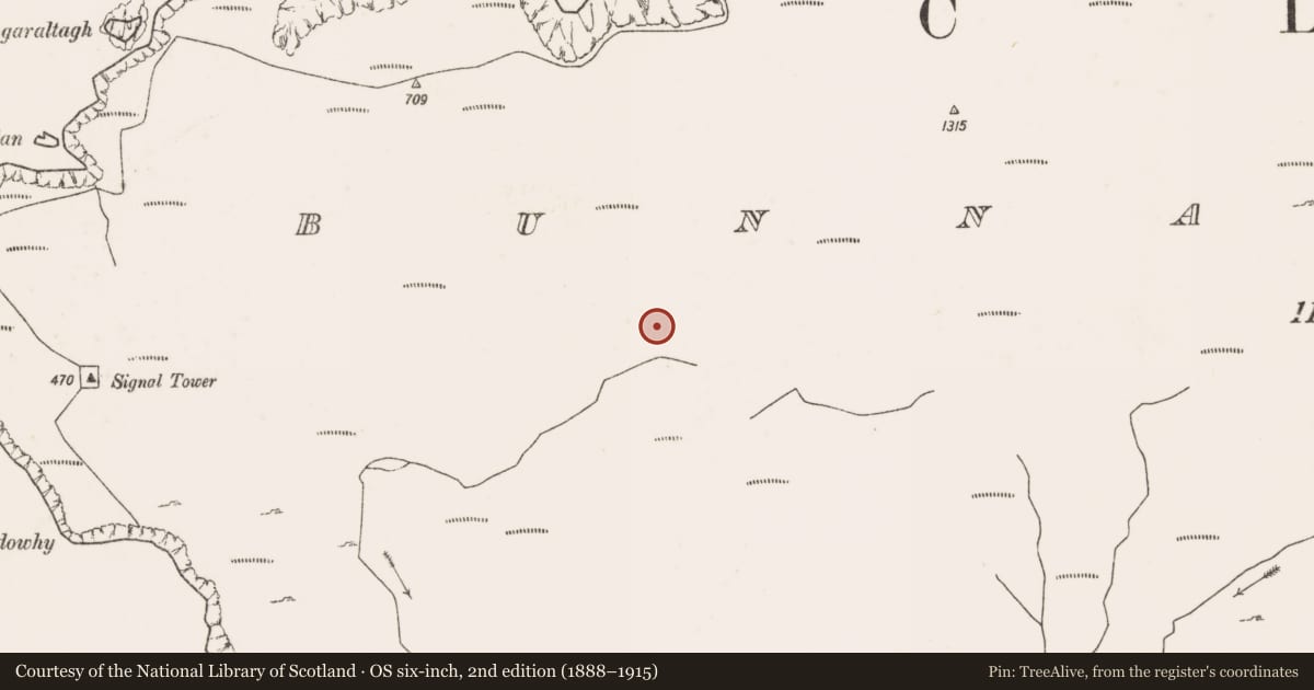 Ordnance Survey six-inch map, 2nd edition (1888–1915) covering the location of Enclosure, Bunnamohaun, County Mayo, with a pin at the register's coordinates