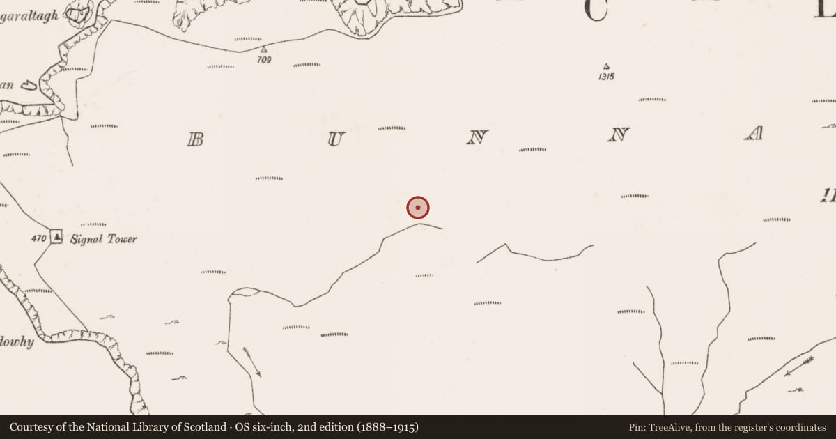 Ordnance Survey six-inch map, 2nd edition (1888–1915) covering the location of House - indeterminate date, Bunnamohaun, County Mayo, with a pin at the register's coordinates