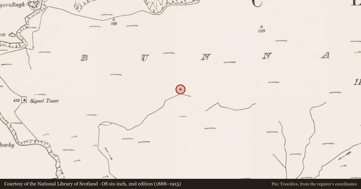 Ordnance Survey six-inch map, 2nd edition (1888–1915) covering the location of Hut site, Bunnamohaun, County Mayo, with a pin at the register's coordinates