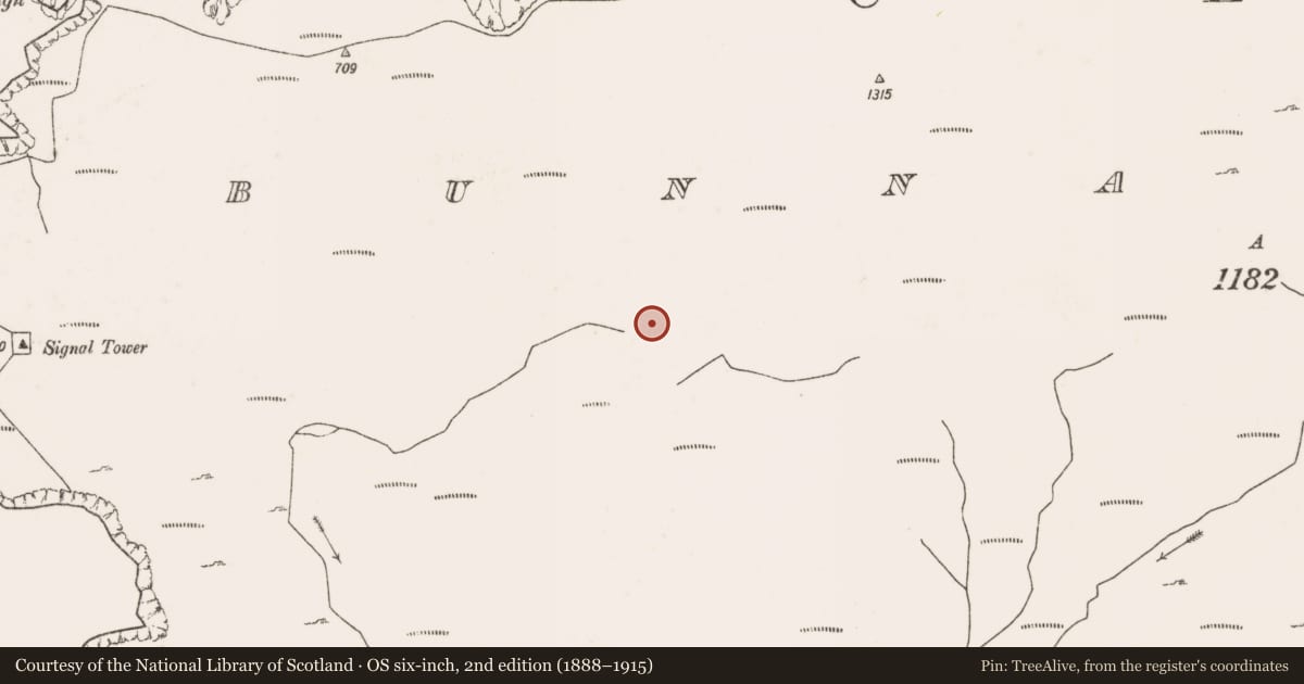 Ordnance Survey six-inch map, 2nd edition (1888–1915) covering the location of Booley hut, Bunnamohaun, County Mayo, with a pin at the register's coordinates