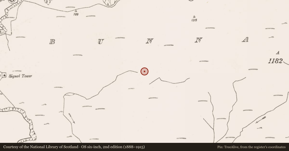 Ordnance Survey six-inch map, 2nd edition (1888–1915) covering the location of Booley hut, Bunnamohaun, County Mayo, with a pin at the register's coordinates
