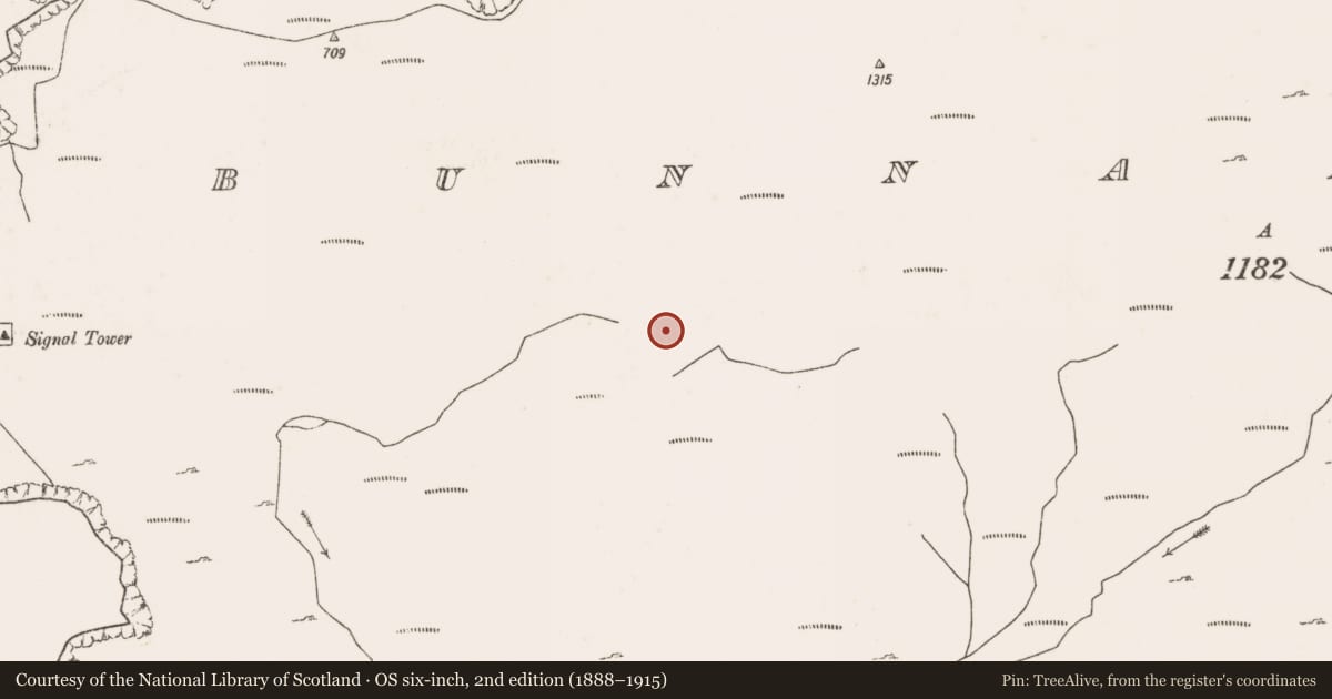 Ordnance Survey six-inch map, 2nd edition (1888–1915) covering the location of Booley hut, Bunnamohaun, County Mayo, with a pin at the register's coordinates