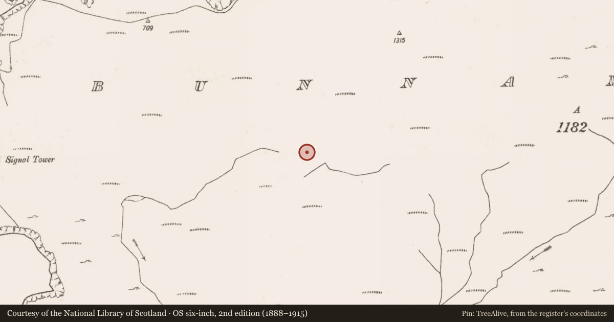 Ordnance Survey six-inch map, 2nd edition (1888–1915) covering the location of Booley hut, Bunnamohaun, County Mayo, with a pin at the register's coordinates