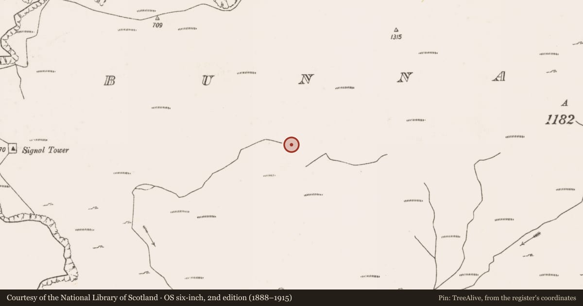 Ordnance Survey six-inch map, 2nd edition (1888–1915) covering the location of Booley hut, Bunnamohaun, County Mayo, with a pin at the register's coordinates