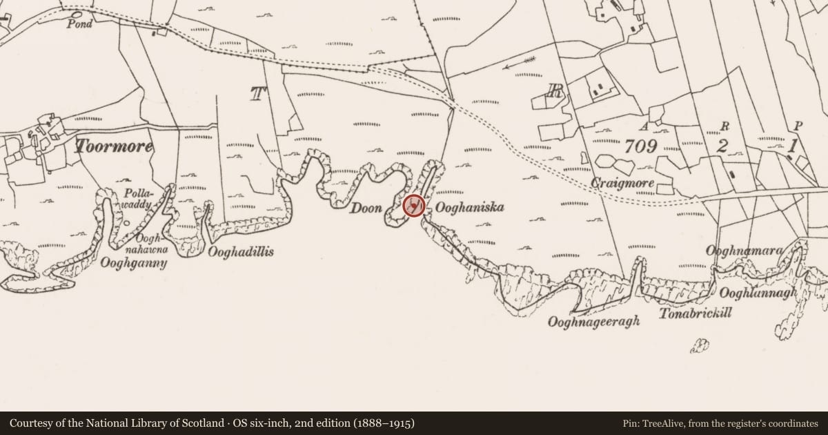 Ordnance Survey six-inch map, 2nd edition (1888–1915) covering the location of House - indeterminate date, Strake, County Mayo, with a pin at the register's coordinates